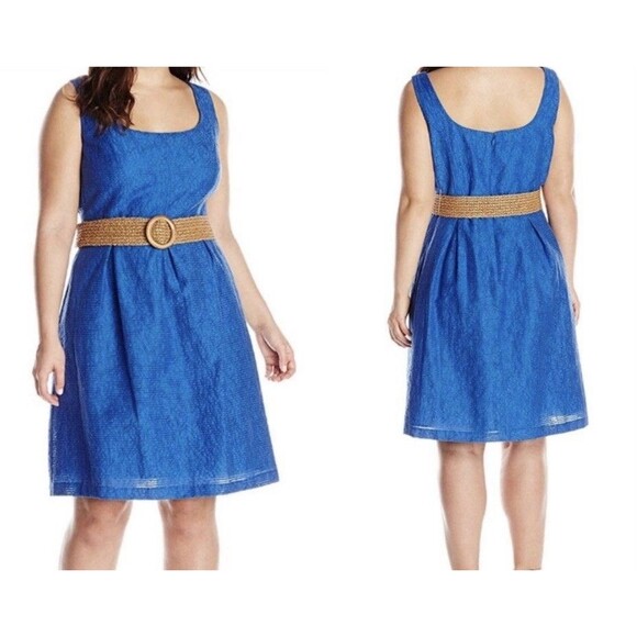 Nine West Dress Womens 16W Blue Belted Fit and Flare Western Cowboy Summer NEW - Picture 1 of 16